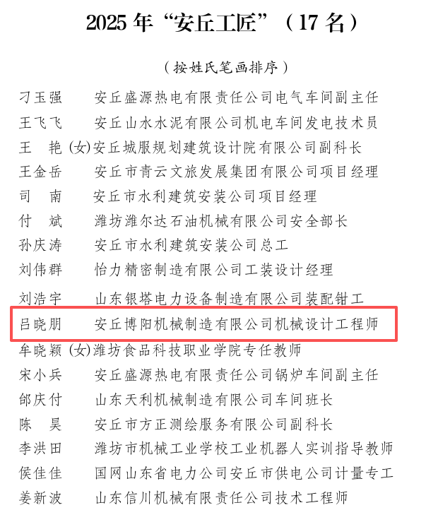 【博陽(yáng)機(jī)械】喜報(bào)!熱烈祝賀機(jī)械設(shè)計(jì)工程師呂曉朋榮獲2025年“安丘工匠”稱號(hào)